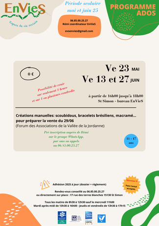 25 05 et  06 - Prog ados période scolaire mai juin 25