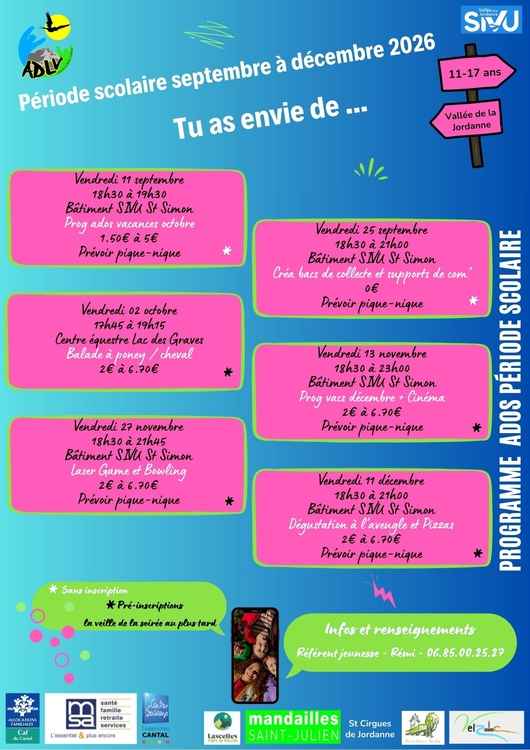 26 09 à 12- Programme période scolaire sept à déc SIVU Jeunesse